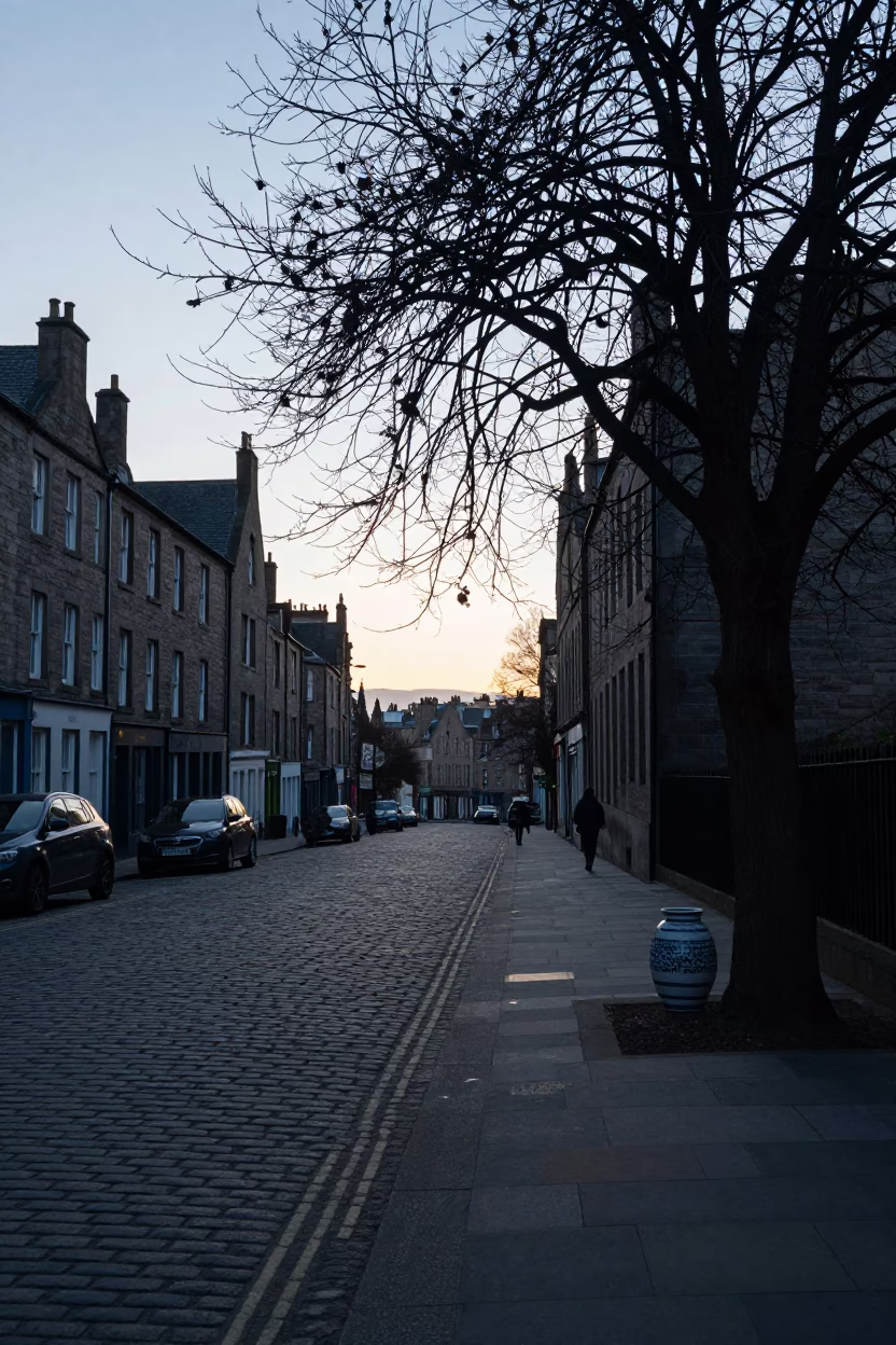 Early Morning Edinburgh Street Scene with Tree and Ceramic Plate on Cobblestones in in Edinburgh, United Kingdom