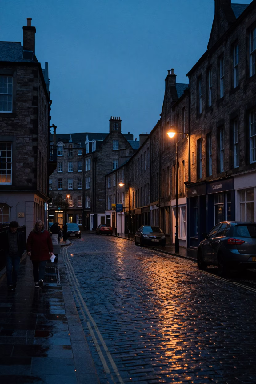 Early Morning Edinburgh Street Scene with Vintage 1970s Aesthetic and Local Details in in Edinburgh, United Kingdom
