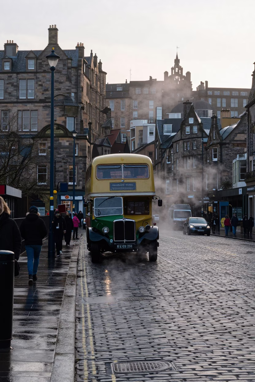 Early Morning Edinburgh Street Scene with Vintage Bus and Local Pedestrians in in Edinburgh, United Kingdom