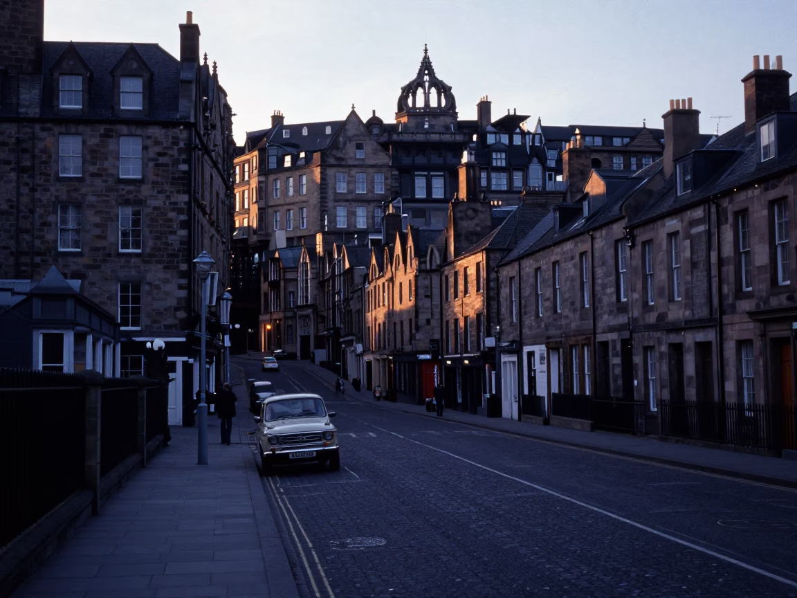 Early Morning Edinburgh Street Scene with Vintage Car and Cobblestones Before Sunrise in in Edinburgh, United Kingdom