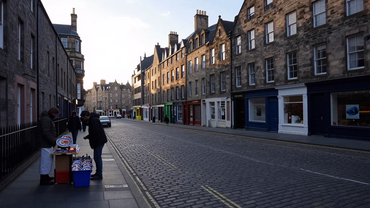 Early Morning Edinburgh Street Scene with Vintage Majolica Plate and Local Interaction in in Edinburgh, United Kingdom
