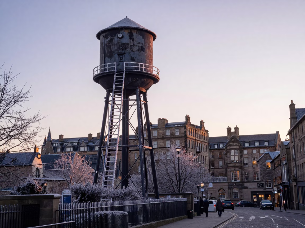 Early Morning Edinburgh Street Scene with Water Tower and Frosty Ladder in United Kingdom in in Edinburgh, United Kingdom