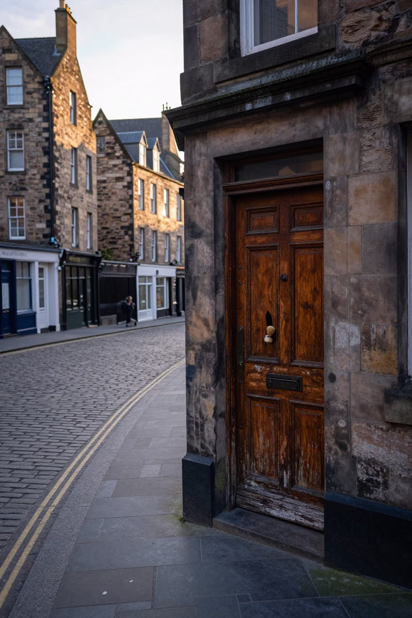 Early Morning Edinburgh Street Scene with Weathered Door and Urban Details in in Edinburgh, United Kingdom