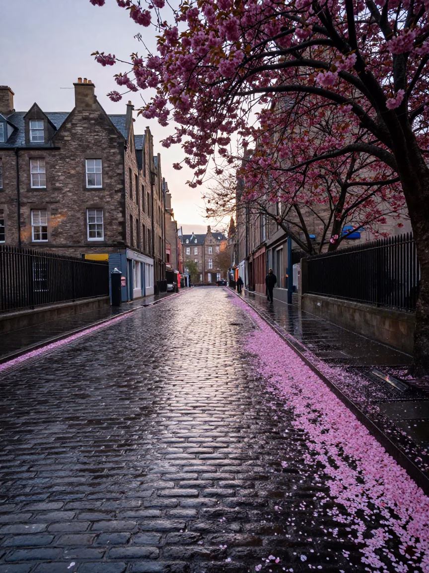 Early Morning Edinburgh Street Scene with Wet Cobblestones and Fallen Petals in in Edinburgh, United Kingdom