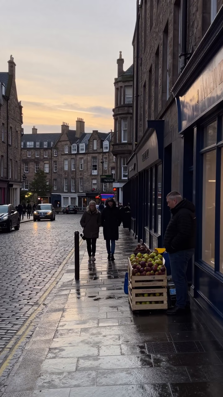 Early Morning Edinburgh Street Scene with Wet Pavement and Local Market Stalls in in Edinburgh, United Kingdom