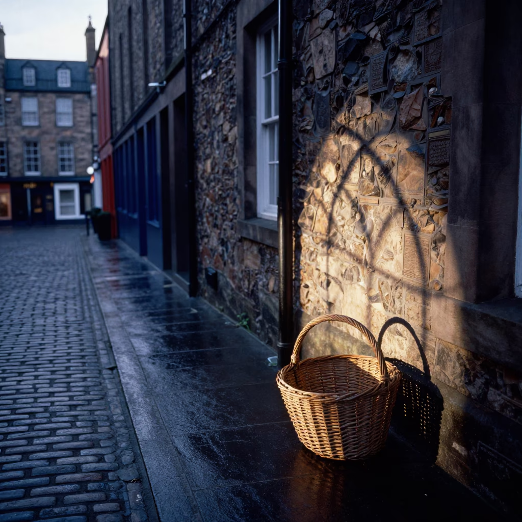 Early Morning Edinburgh Street Scene with Wicker Shadow and Linen Fringe Details in in Edinburgh, United Kingdom
