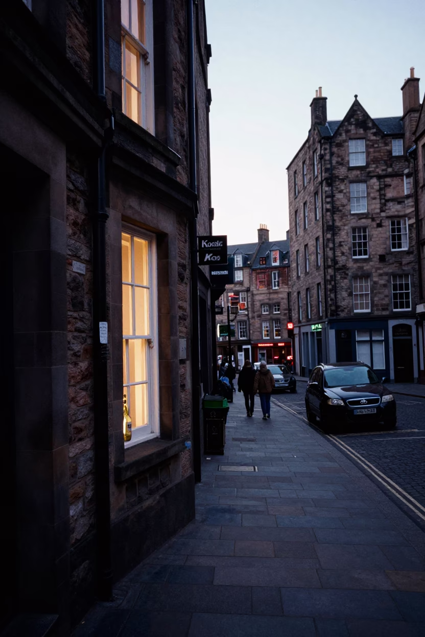 Early Morning Edinburgh Street Scene with Window Light on Bottle Neck in in Edinburgh, United Kingdom