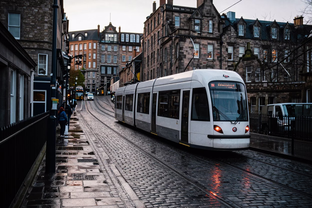 Early Morning Edinburgh Tram Ascending Steep Cobblestone Hill Between Victorian Sandstone Buildings in in Edinburgh, United Kingdom