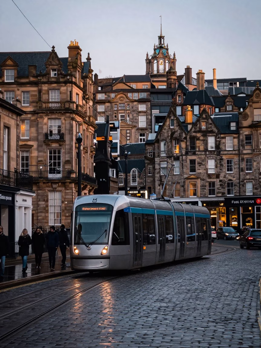 Early Morning Edinburgh Tram Passing Art Nouveau Facades Before Dawn in in Edinburgh, United Kingdom