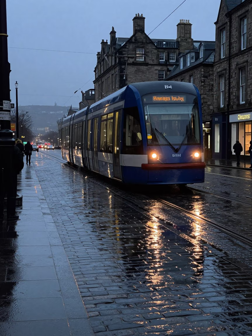 Early Morning Edinburgh Tram Reflections on Wet Cobblestones Before Sunrise in in Edinburgh, United Kingdom