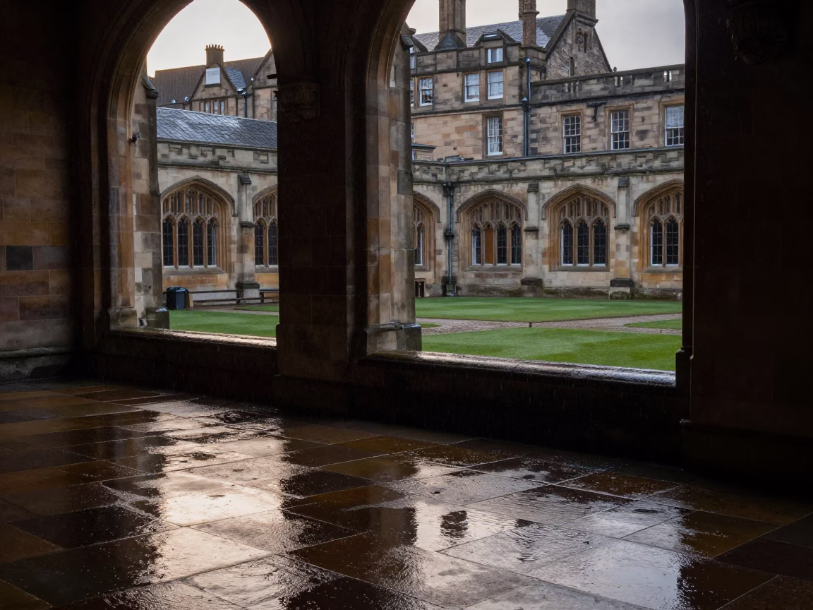 Early Morning Edinburgh University Cloister Wet Flagstones Rain Reflections in in Edinburgh, United Kingdom