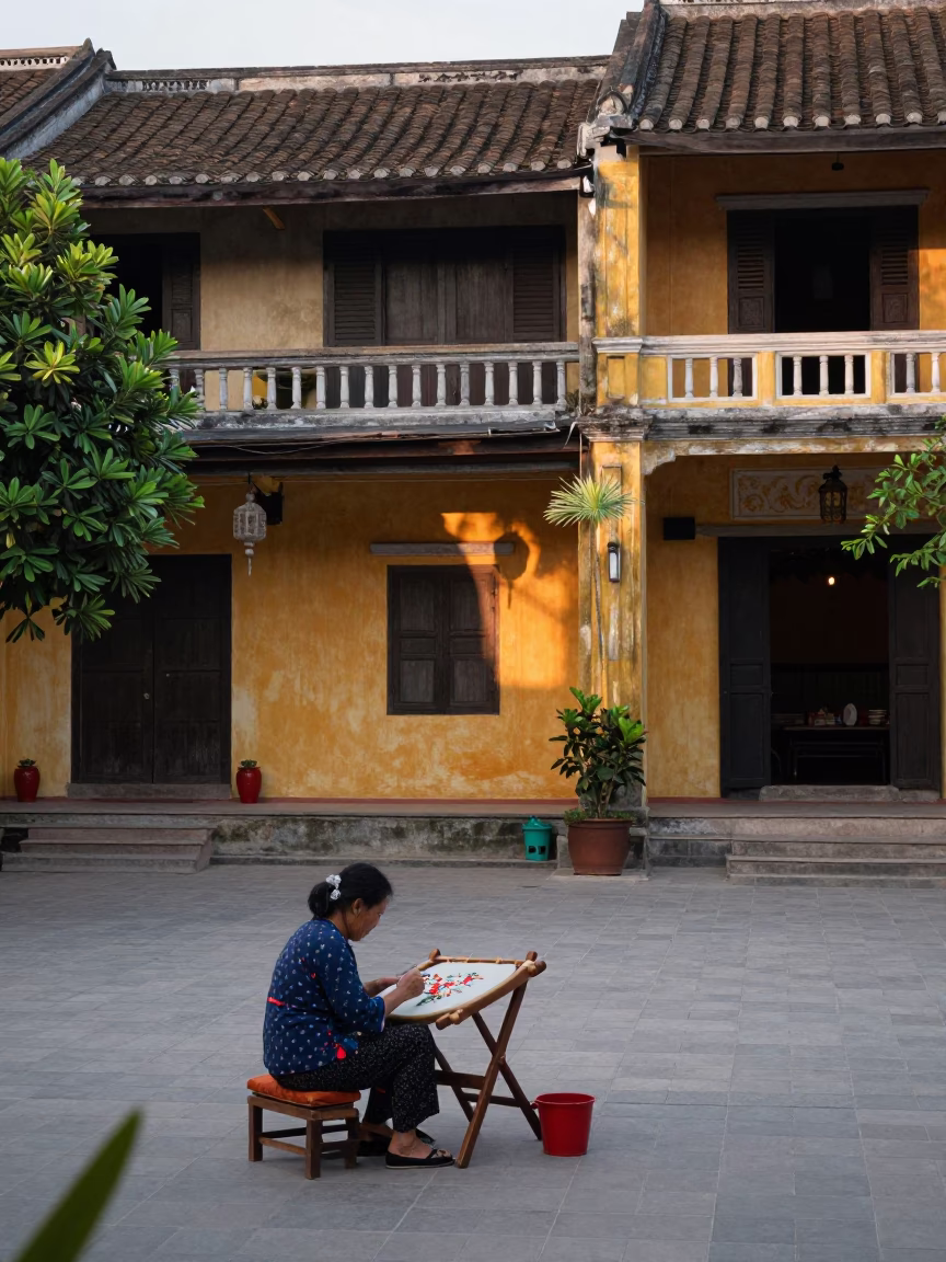Early Morning Embroidery Scene in Historic Hoi An Vietnam with Traditional Craftsmanship in in Hoi An, Vietnam