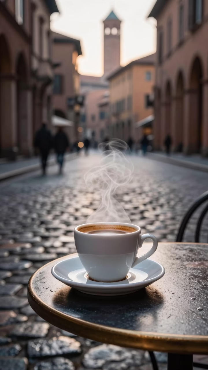 Early Morning Espresso and Wet Cobblestones in Historic Bologna Italy in in Bologna, Italy