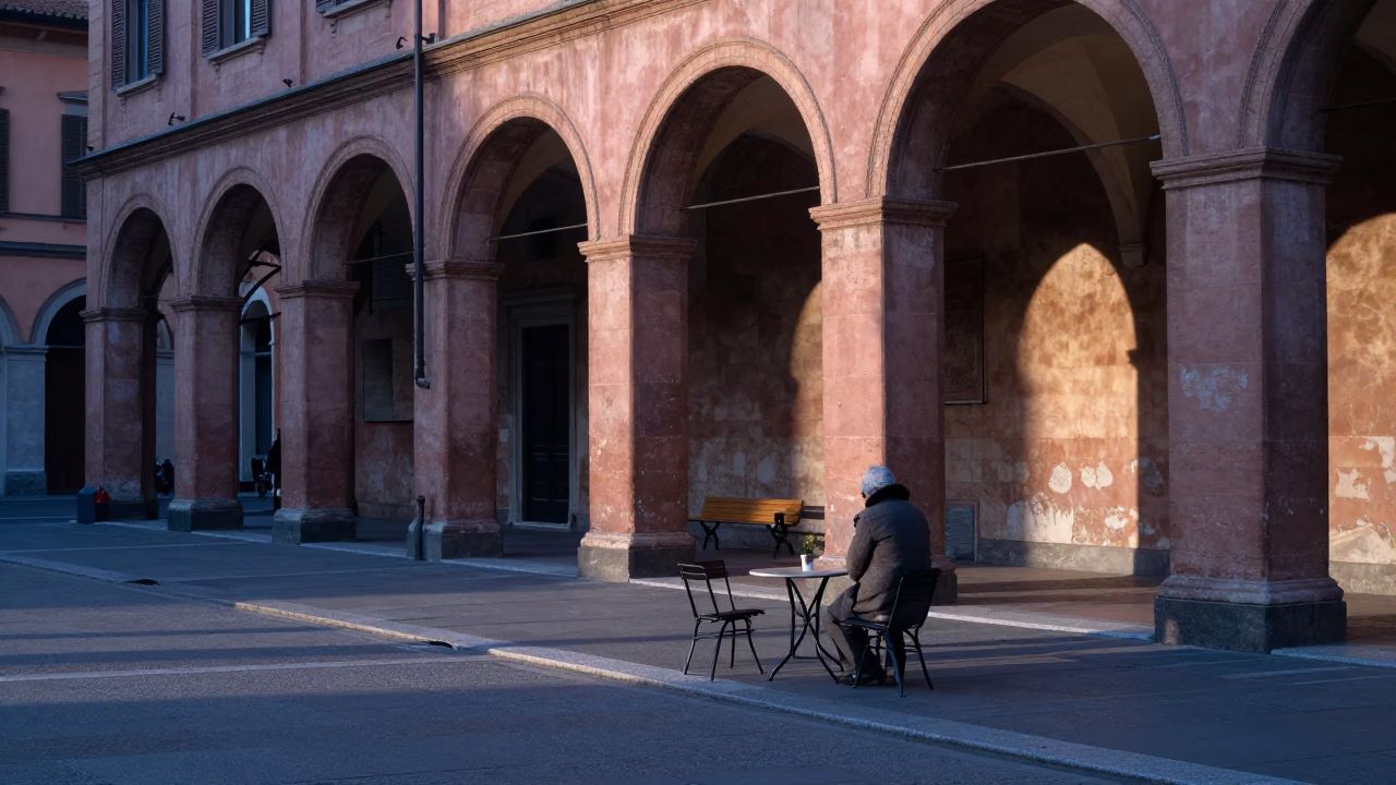 Early Morning Espresso Ritual on Bologna Street Corner with Ceramic Pitcher in in Bologna, Italy