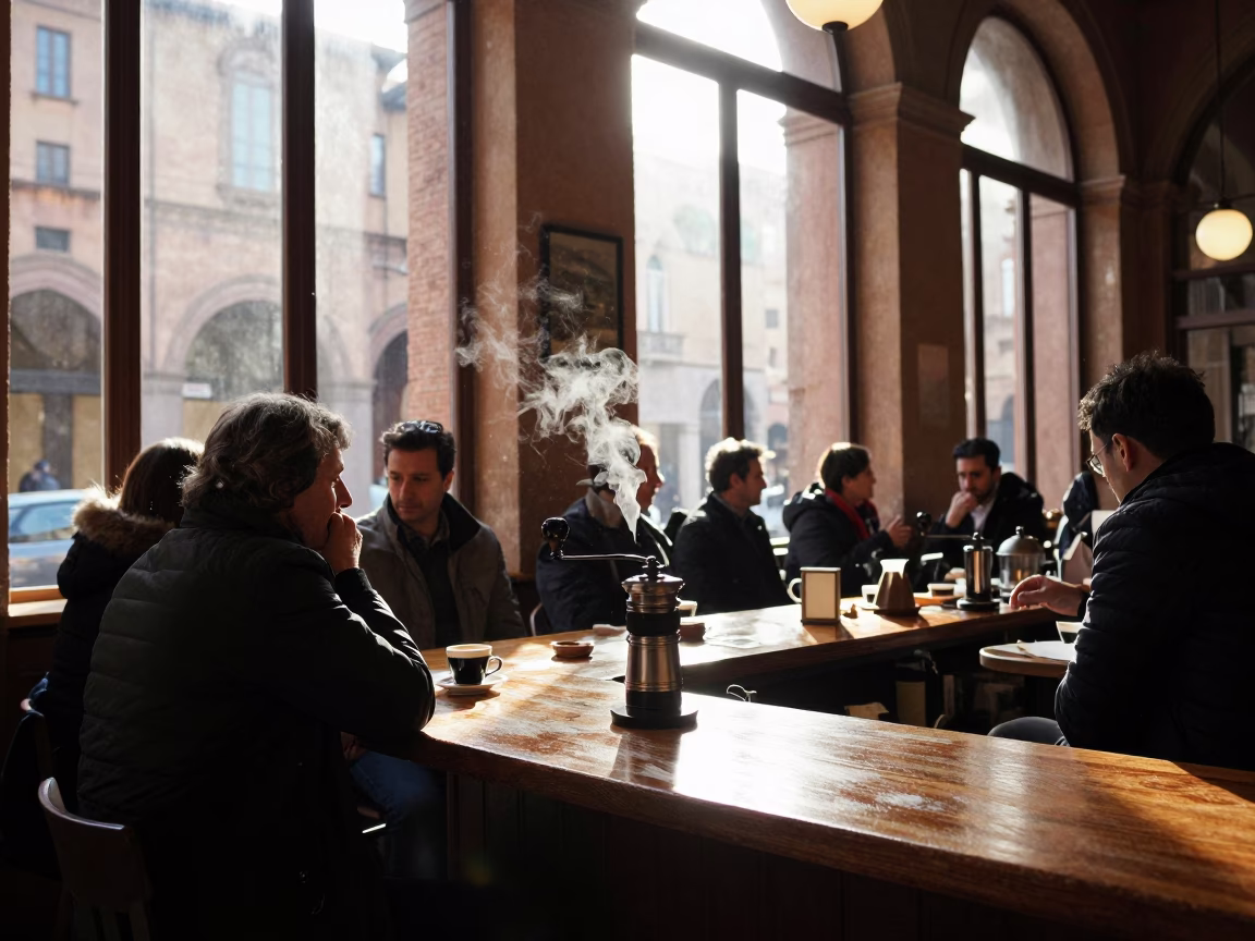 Early Morning Espresso Ritual with Vintage Grinder at Traditional Bologna Cafe Counter in in Bologna, Italy