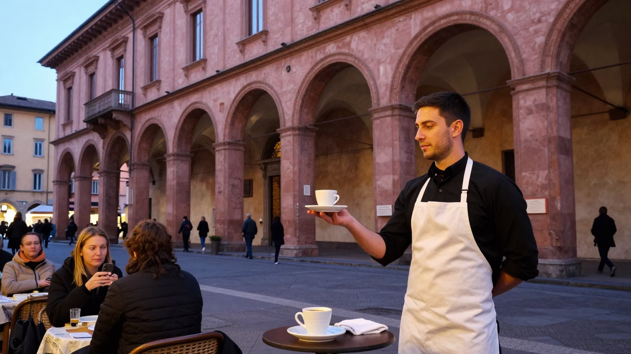 Early Morning Espresso Service at Bologna Piazza Maggiore Street Cafe Before Dawn in in Bologna, Italy
