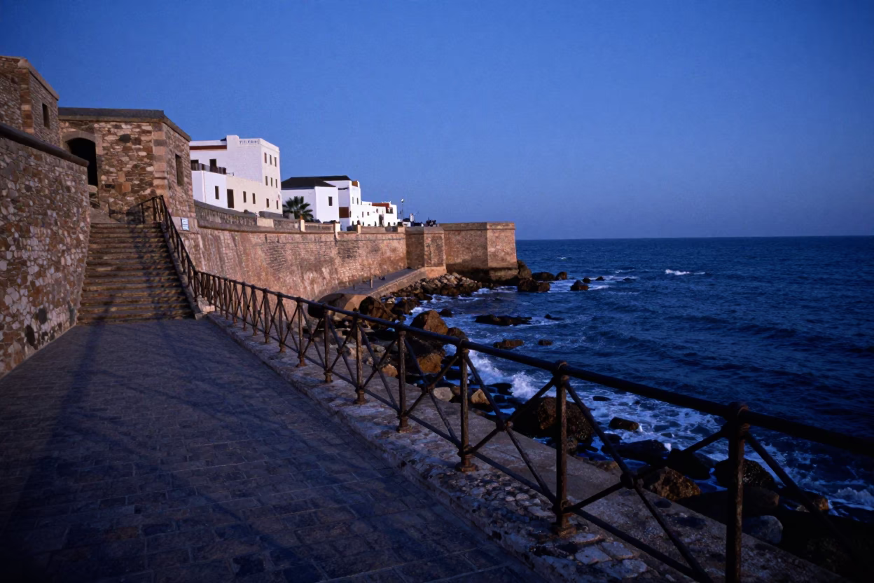 Early Morning Essaouira Coastline with Stair Rail and Atlantic Ocean Mist in in Essaouira, Morocco