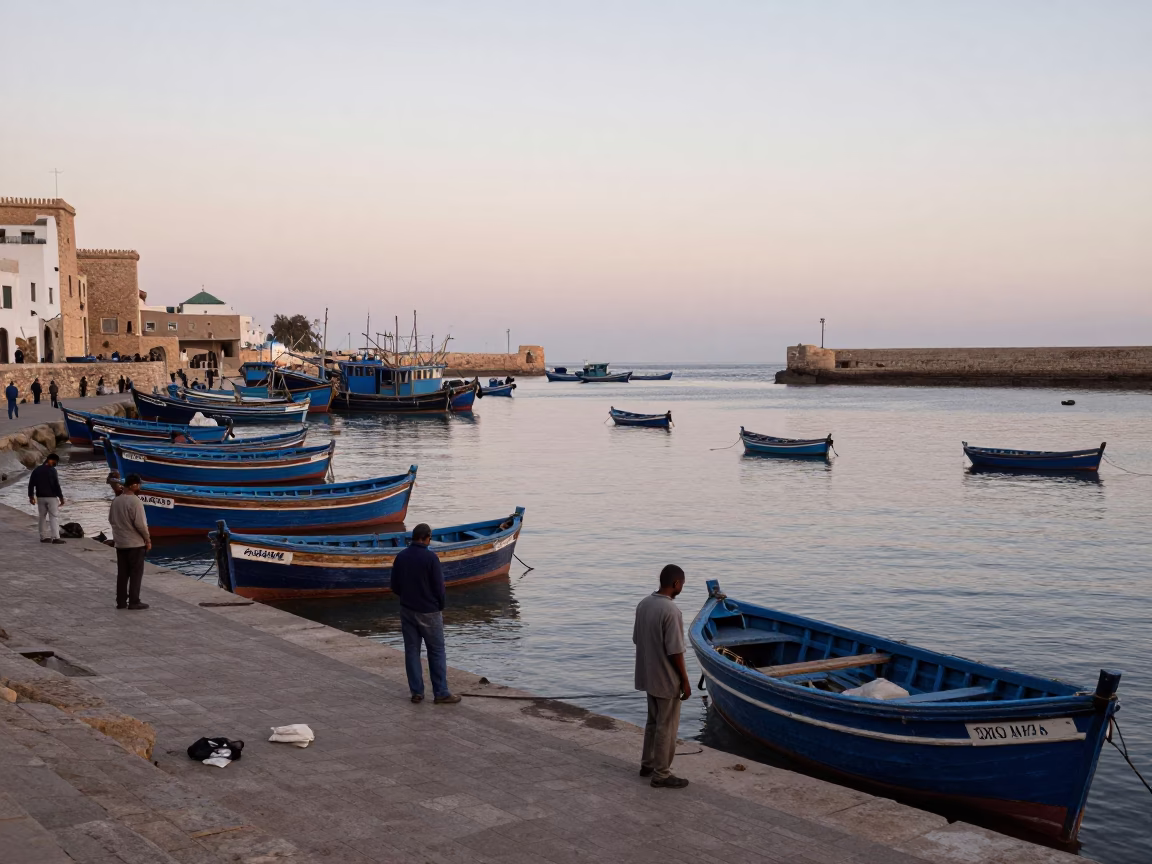 Early Morning Essaouira Harbor Scene with Fishing Boats and Local Activity in in Essaouira, Morocco