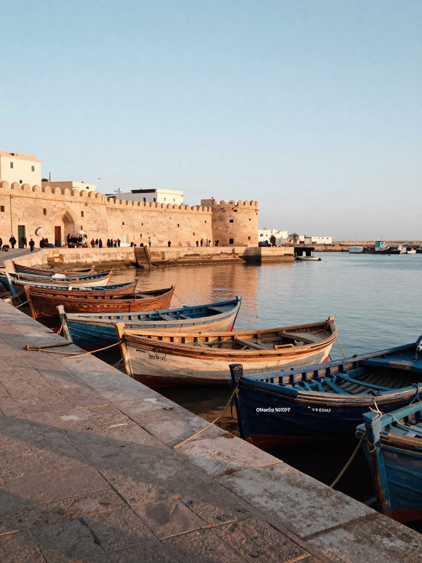 Early Morning Essaouira Harbor Scene with Wooden Boats and Coastal Light in in Essaouira, Morocco