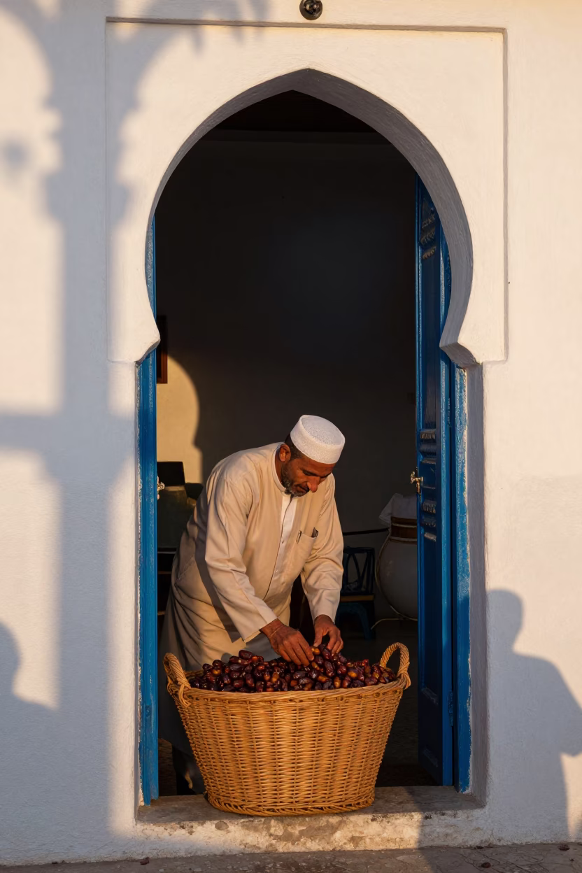 Early Morning Essaouira Medina Street with Wicker Shadows and Local Commerce in in Essaouira, Morocco