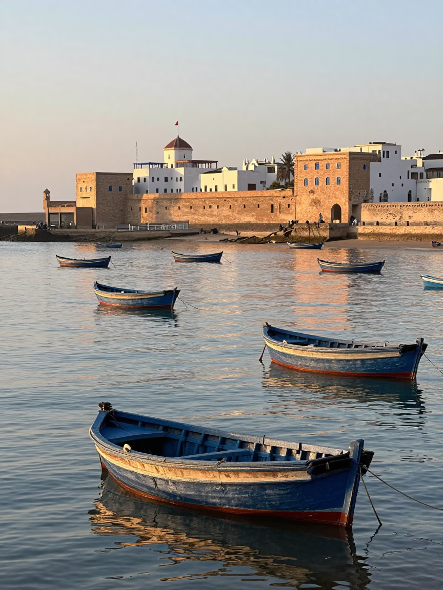Early Morning Essaouira Port Fishing Boats and Local Tea Service in in Essaouira, Morocco