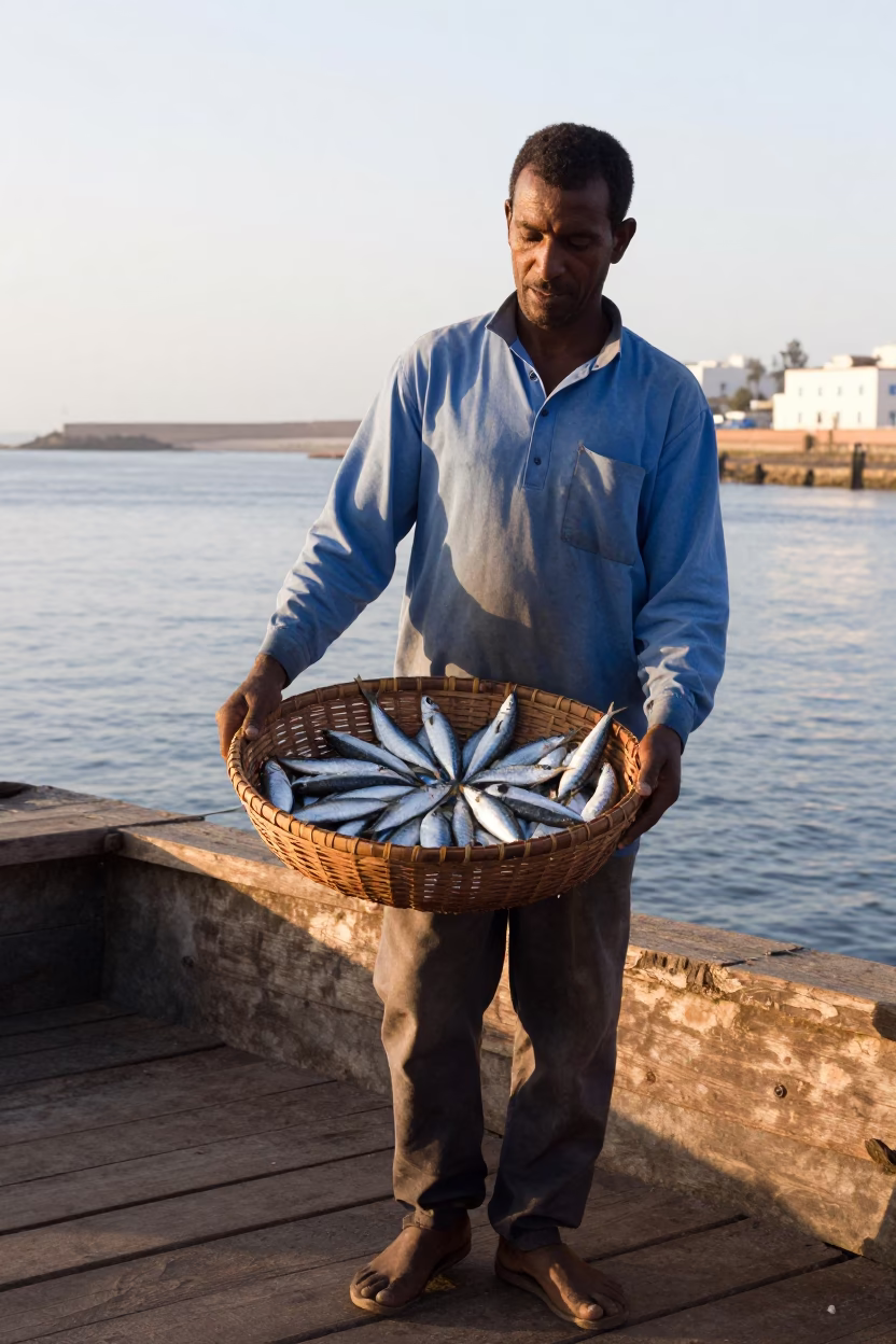 Early Morning Essaouira Port Scene with Fresh Sardines and Bougainvillea in Morocco in in Essaouira, Morocco
