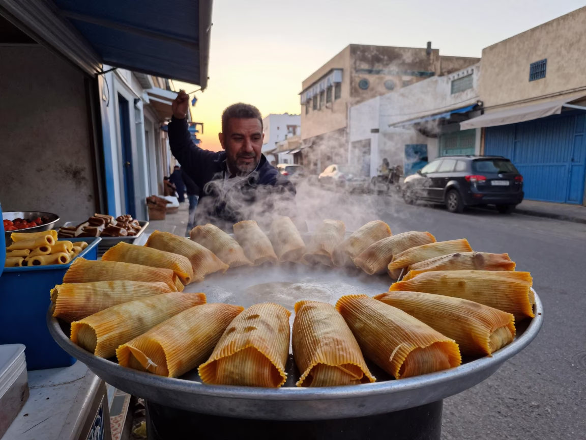 Early Morning Essaouira Street Scene with Local Bakery Tray of Steaming Tamales in in Essaouira, Morocco