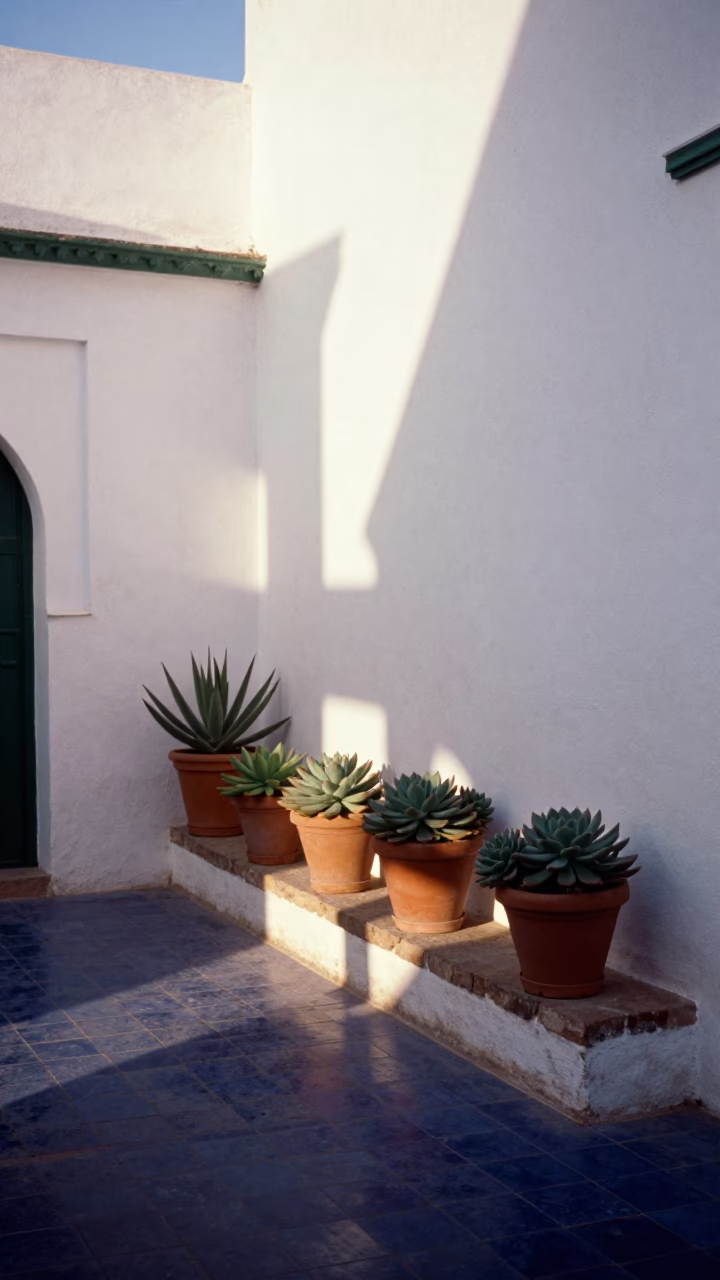 Early Morning Essaouira Street Scene with Potted Succulents and Chalkboard Lesson in in Essaouira, Morocco