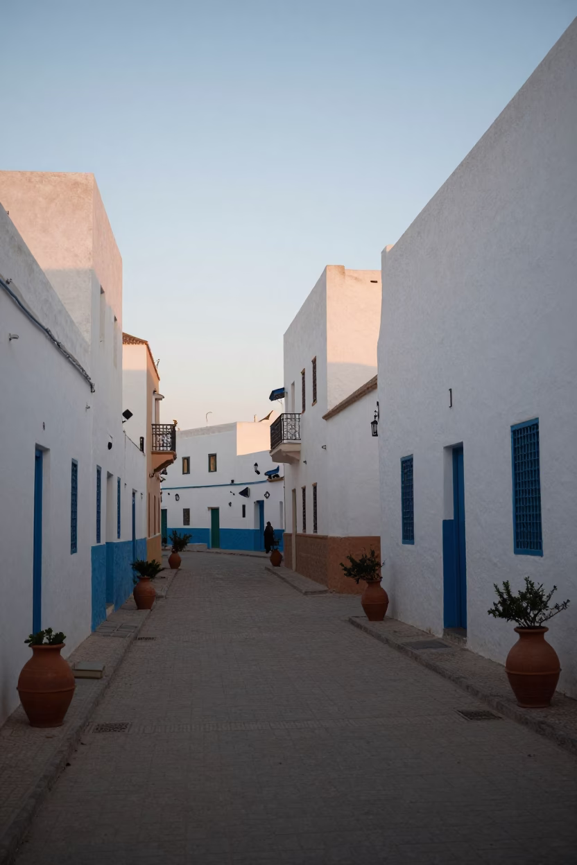 Early Morning Essaouira Street Scene with Terracotta Pots and Stone Walls Before Sunrise in in Essaouira, Morocco