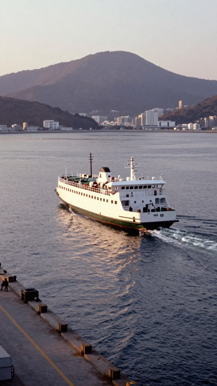 Early Morning Ferry Departure from Busan Harbor with Mountain Backdrop in in Busan, South Korea