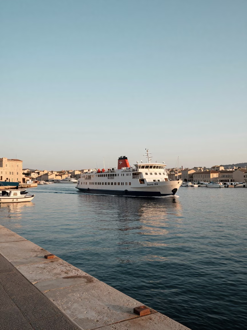 Early Morning Ferry Departure from Marseille Vieux Port with Mountain Backdrop in in Marseille, France