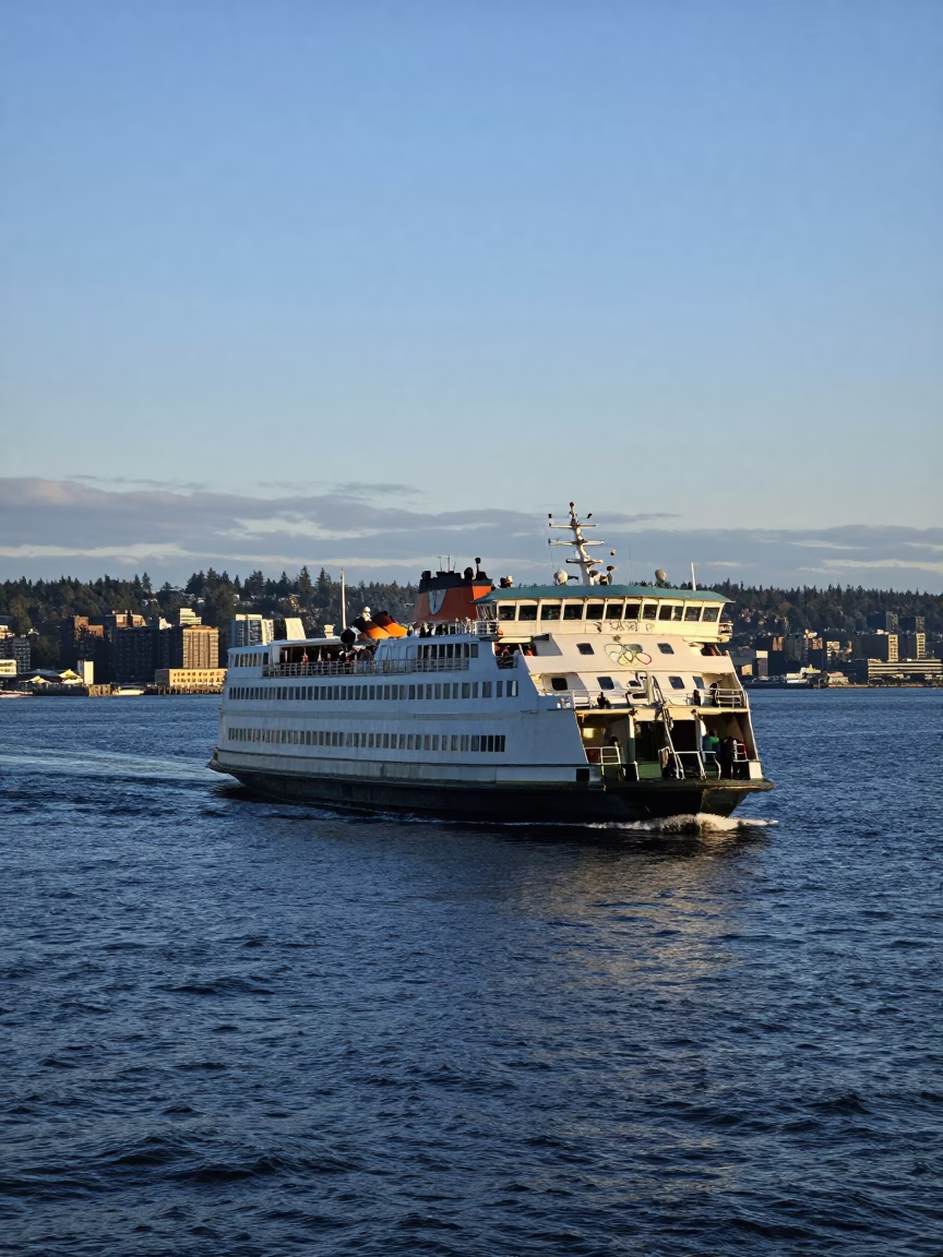 Early Morning Ferry Departure from Seattle Harbor with Olympic Mountains at Nautical Dawn in in Seattle, Washington, United States