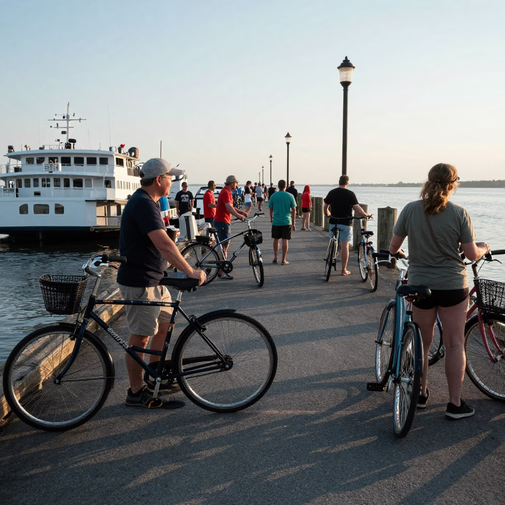 Early Morning Ferry Dock Activity in Charleston South Carolina with Bicycles and Commuters in in Charleston, South Carolina, United States