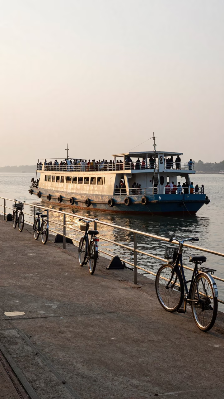 Early Morning Ferry Dock at Kochi Backwaters with Bicycle and Cargo in in Kochi, India