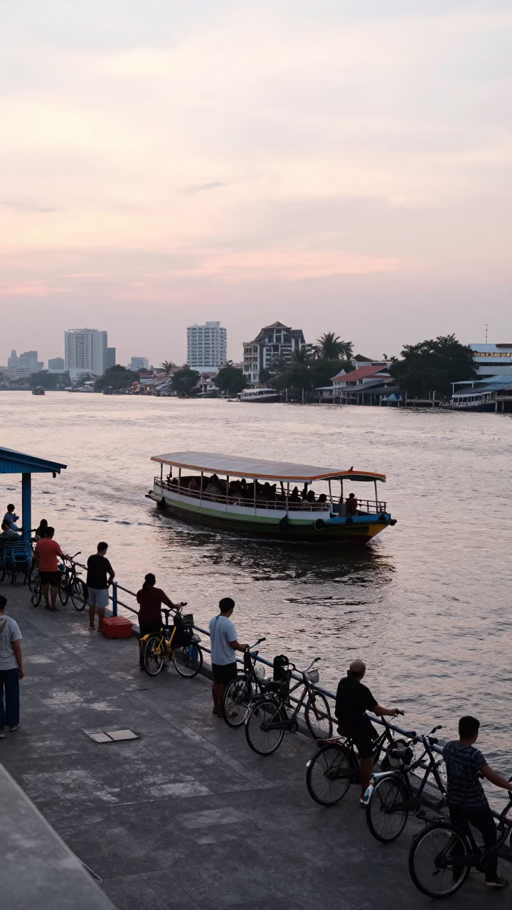 Early Morning Ferry Dock in Bangkok Thailand with Passengers Loading Bicycles in in Bangkok, Thailand