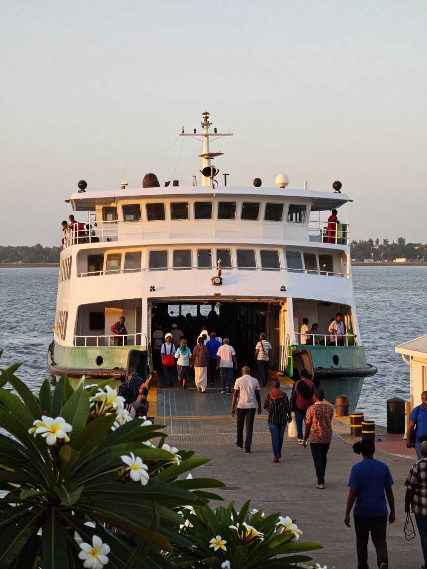 Early Morning Ferry Dock in Durban South Africa with Frangipani and Passengers in in Durban, South Africa