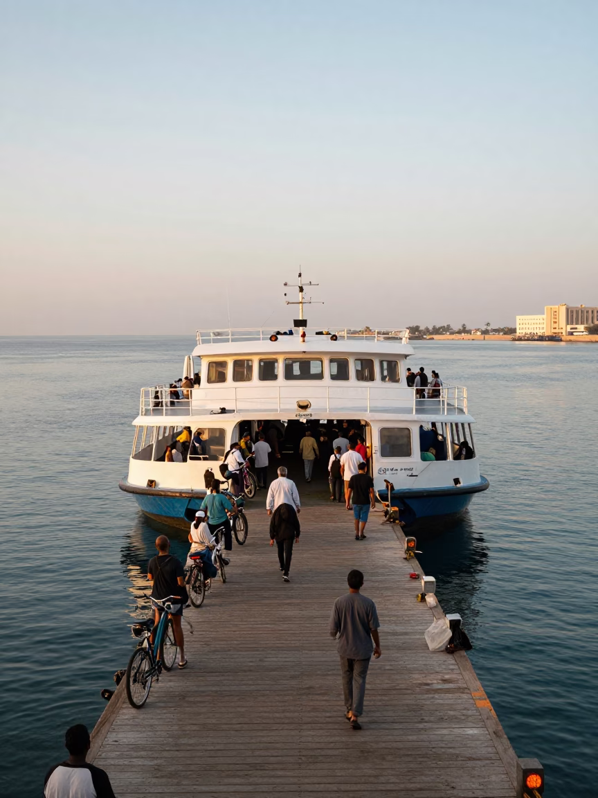 Early Morning Ferry Dock in Muscat Oman Loading Passengers and Bicycles in in Muscat, Oman