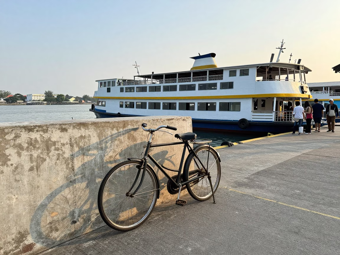 Early Morning Ferry Dock in Surabaya Indonesia with Vintage Bicycle and Bridge Pier Reflection in in Surabaya, Indonesia