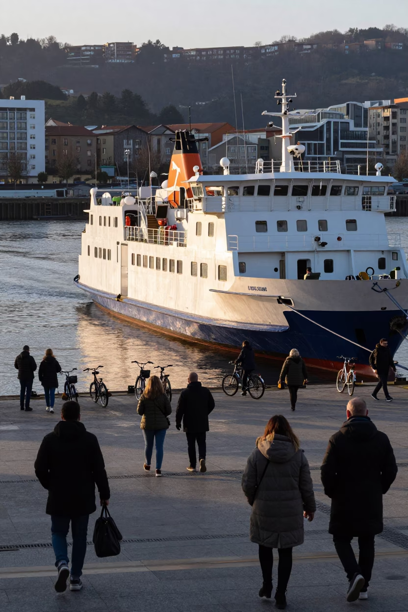 Early Morning Ferry Loading Passengers and Bicycles at Bilbao Dock Under First Light in in Bilbao, Spain