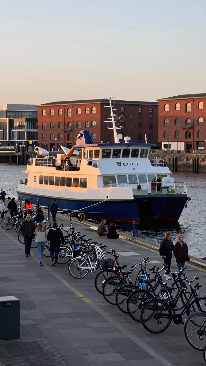 Early Morning Ferry Loading Passengers and Bicycles at Bristol Dock in in Bristol, United Kingdom