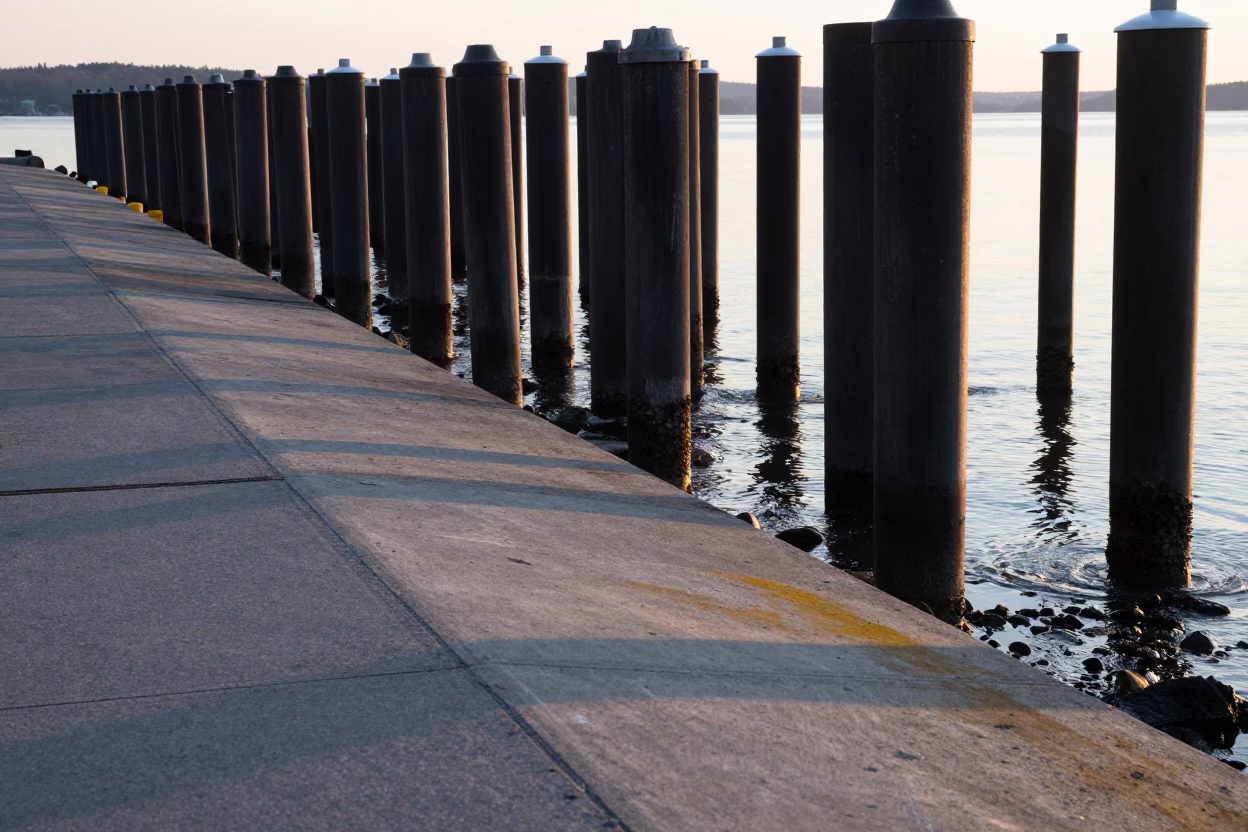 Early Morning Ferry Ramp and Piling System at Low Tide in Quebec City in in Quebec City, Quebec, Canada