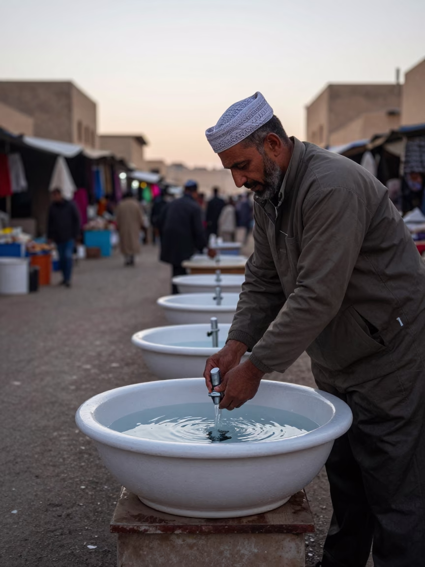 Early Morning Fez Market Scene with Traditional Wash Basin and Spice Jar in in Fez, Morocco
