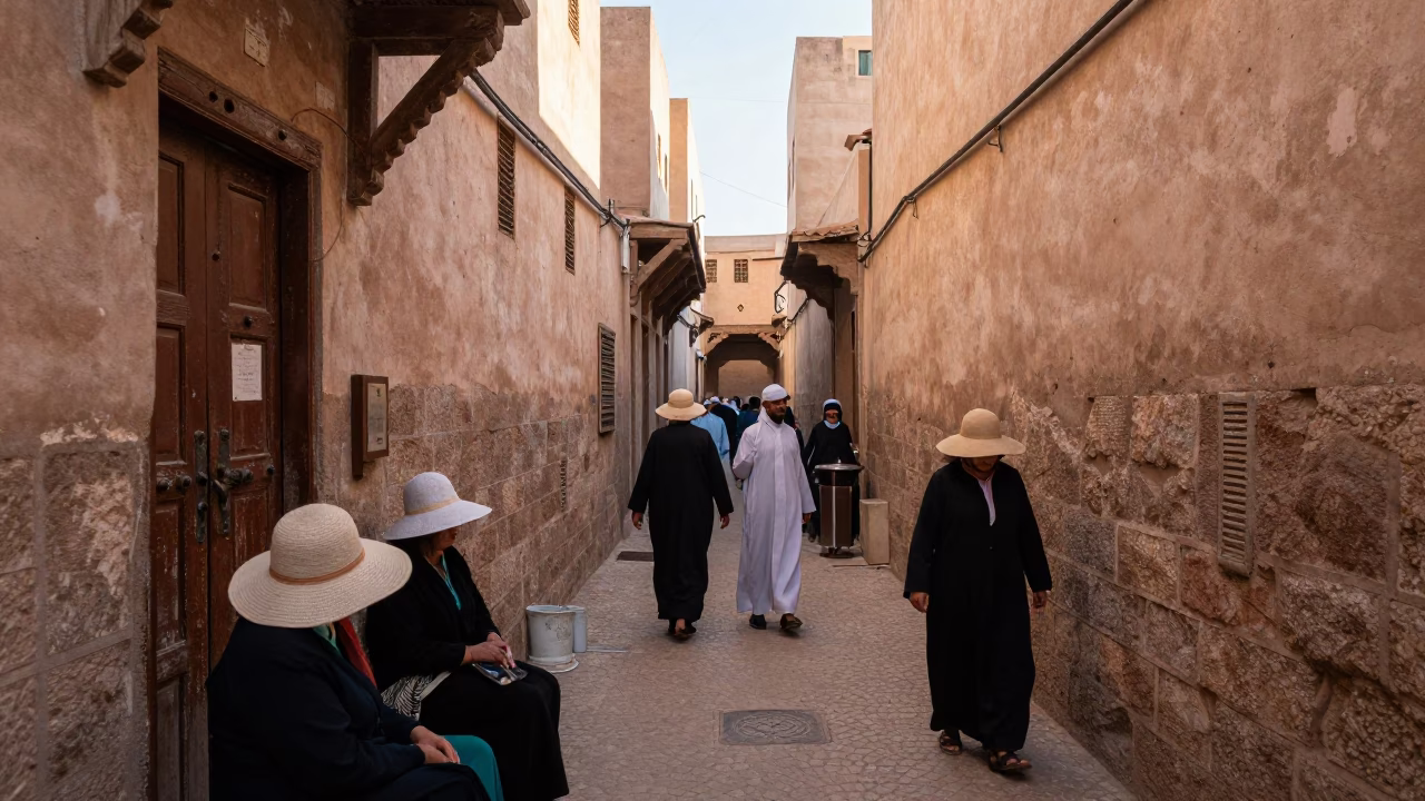 Early Morning Fez Medina Alleyway with Sun Hats and Wooden Door Hinges in in Fez, Morocco