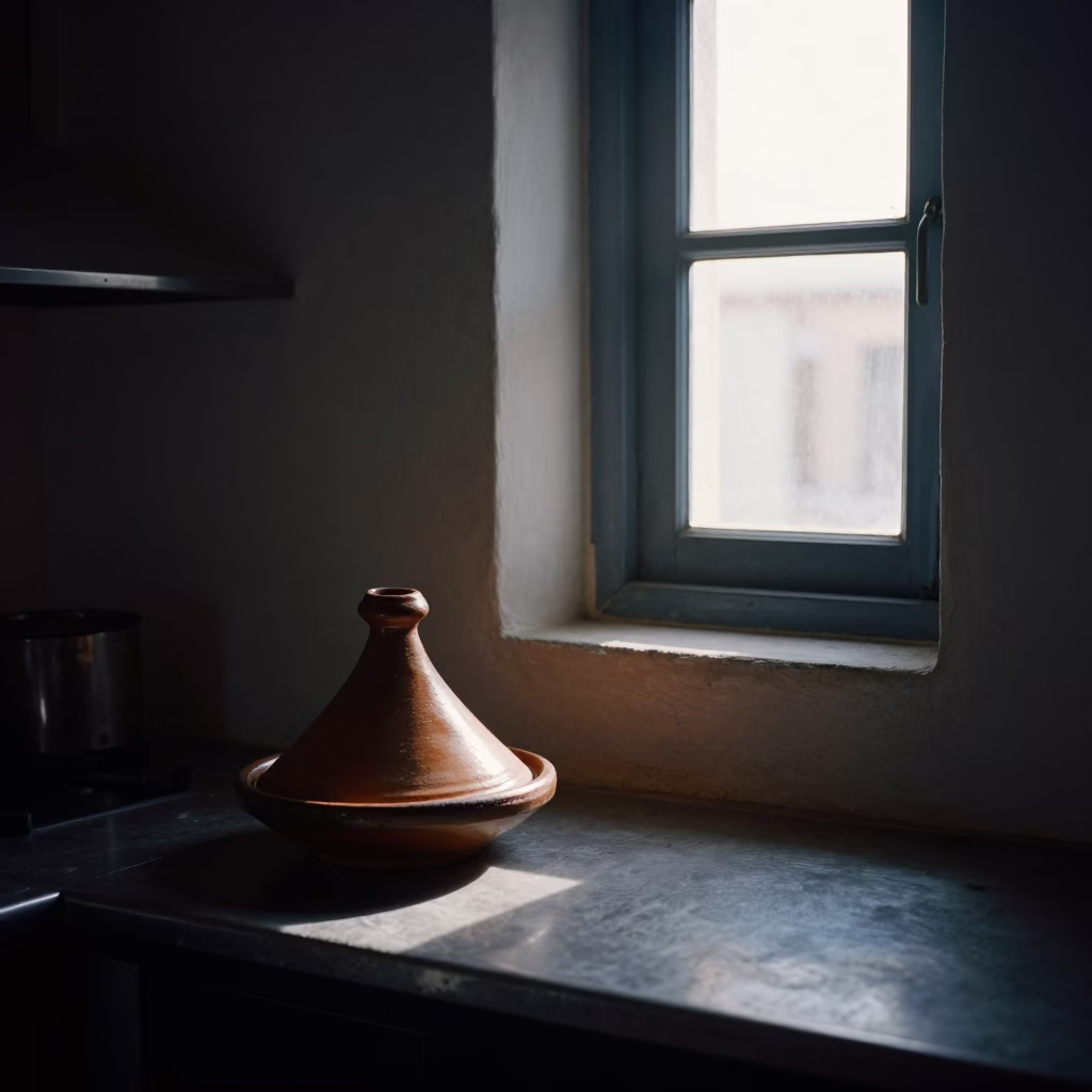 Early Morning Fez Medina Kitchen with Window Light and Kitchen Utensils in in Fez, Morocco
