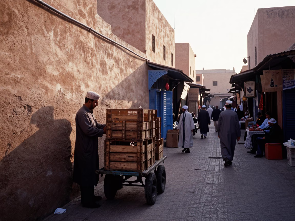Early Morning Fez Medina Street Scene with Tea Canister and Pedestrian Overpass Details in in Fez, Morocco