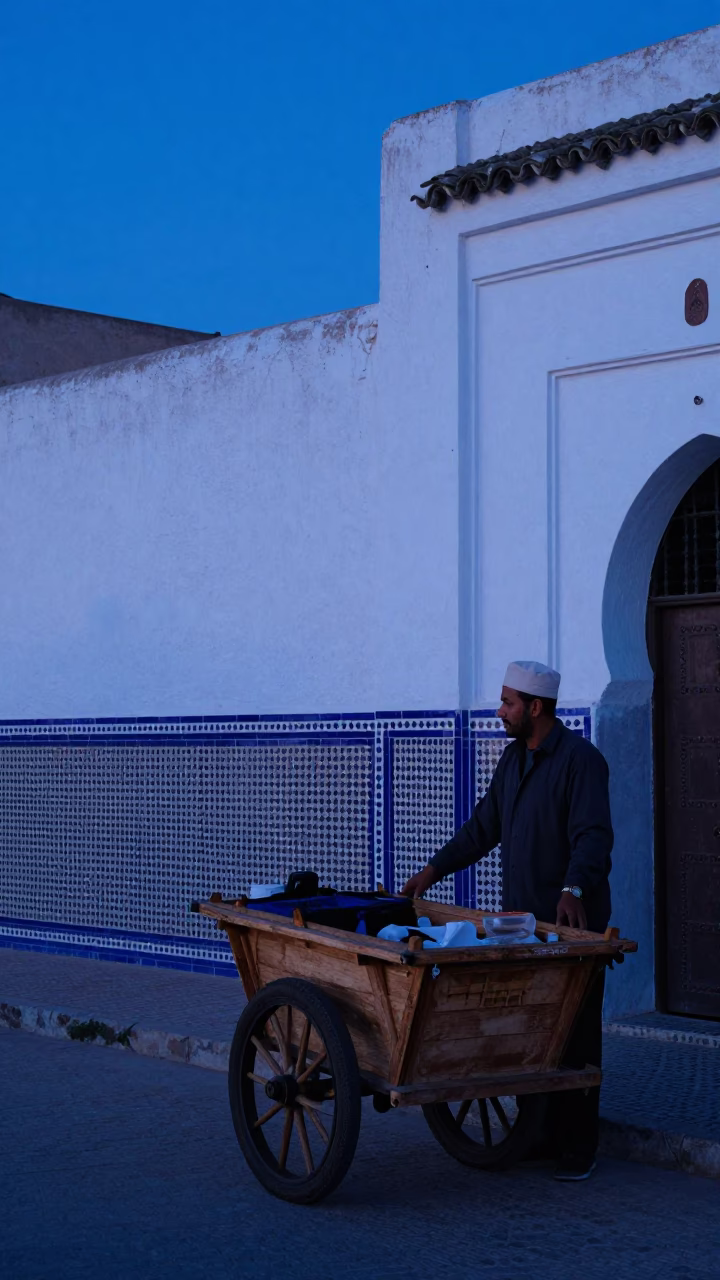 Early Morning Fez Morocco Nautical Dawn Street Scene with Blue Porcelain Jar in in Fez, Morocco