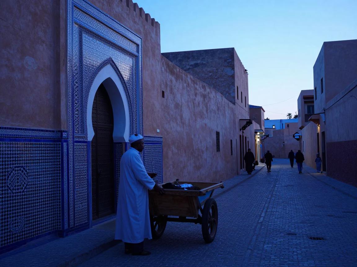 Early Morning Fez Morocco Nautical Dawn Street Scene with Traditional Tea Service in in Fez, Morocco