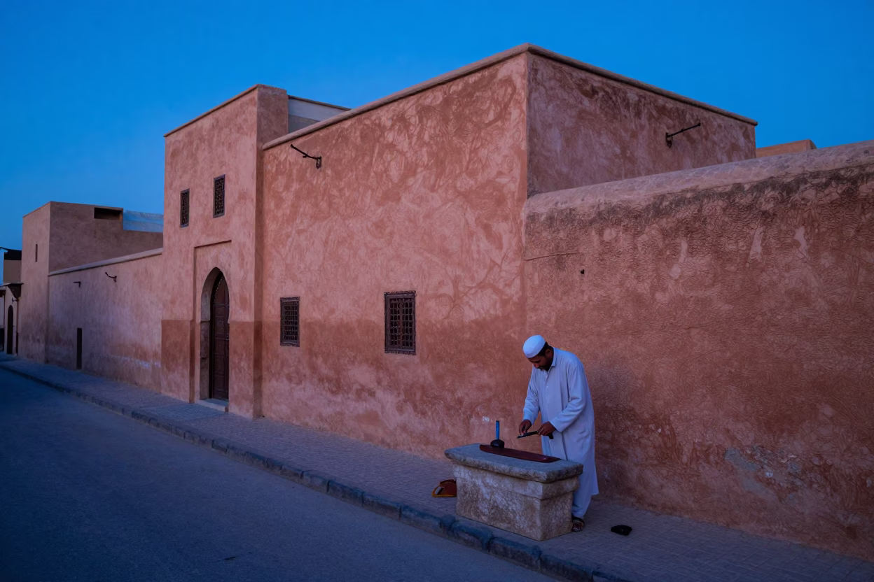 Early Morning Fez Morocco Street Scene at Nautical Dawn with Local Artisan and Stone in in Fez, Morocco