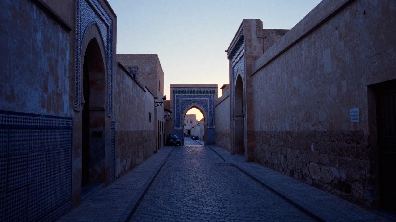 Early Morning Fez Morocco Street Scene Before Sunrise with Traditional Architecture in in Fez, Morocco