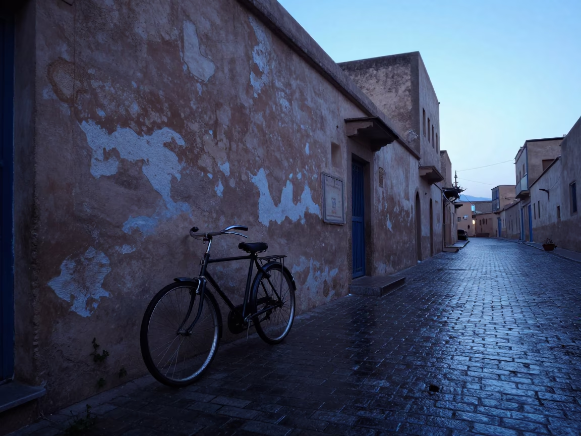 Early Morning Fez Morocco Street Scene with Bicycle and Metal Stools in in Fez, Morocco
